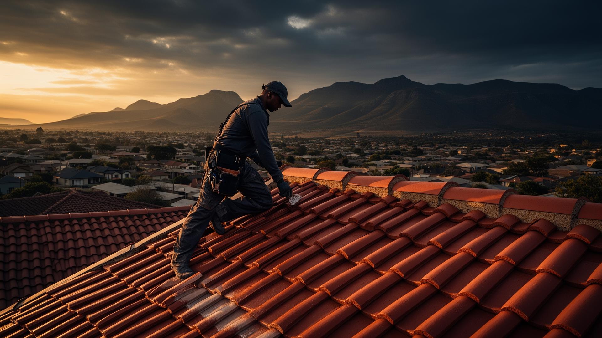 Professional roofer working on a tile roof at golden hour in Pretoria